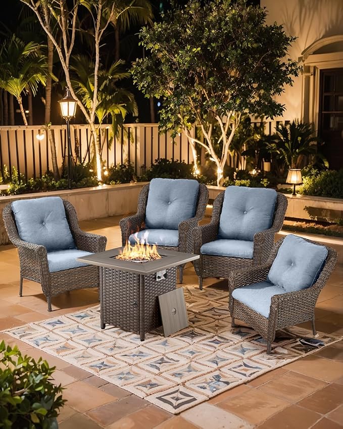 ACTREST Outdoor Patio Chairs with Fire Pit Table 5 Piece Set - High Back Brown Wicker Rattan Lawn Chair with Thick Cushion for Porch Apartment Deck Yard Poolside Garden - Baby Blue