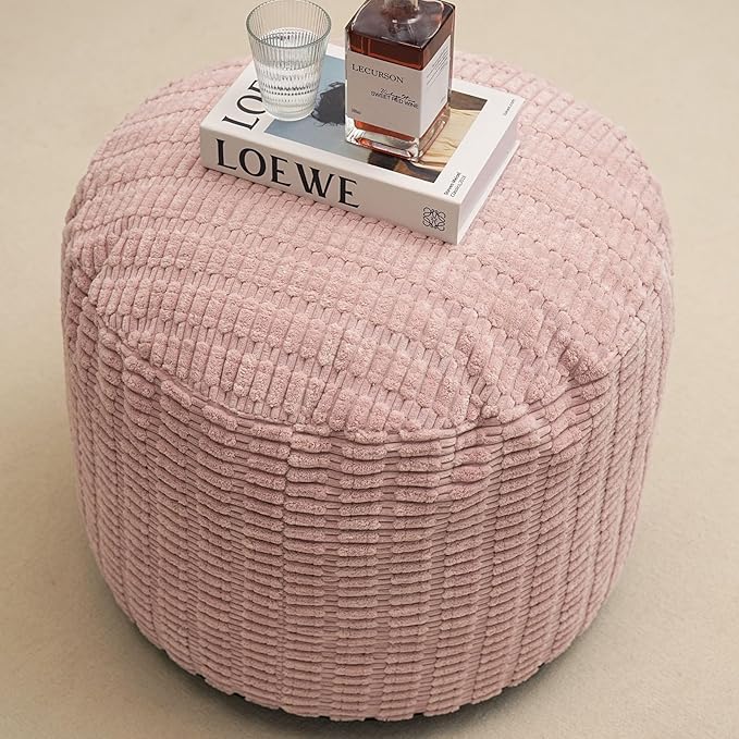 Homlazeezy Round Stuffed Pouf Ottoman for Foot Rest, Storage Ottoman Pouf Foot Stool Cushion, Faux Fur Poufs with Foam Chunk Filling, 26 X 18 Inch Floor Chair for Living Room Bedroom Home Decor, Pink