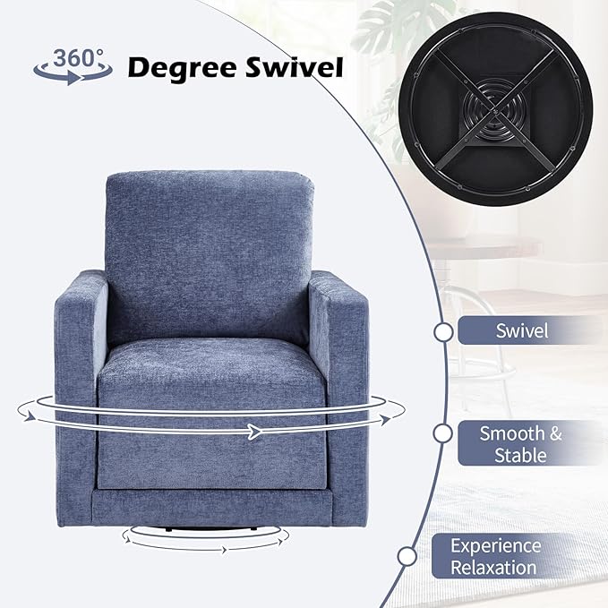 INZOY Swivel Accent Chair with Hidden Storage, Comfy 360° Swivel Chair, Upholstered Chenille Square Chair for Living Room Bedroom Small Spaces, Fully Assembled, Blue