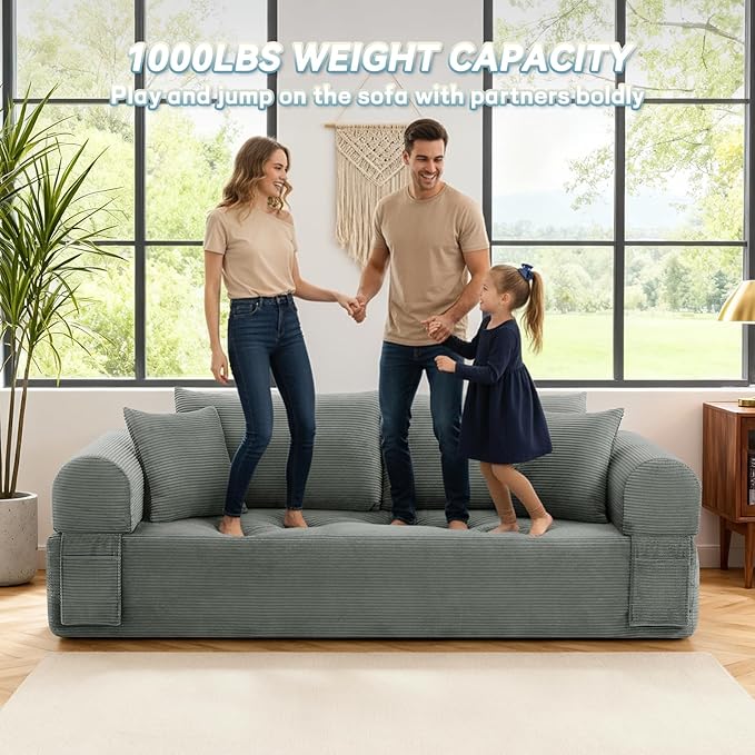 GJQ Convertible Floor Sofa Bed,83" 3 Seater Couch with Pillow Back & Storage Pockets,Corduroy Boneless Couch for Living Room,Compressed Sofa in a Box No Assembly,Light Gray