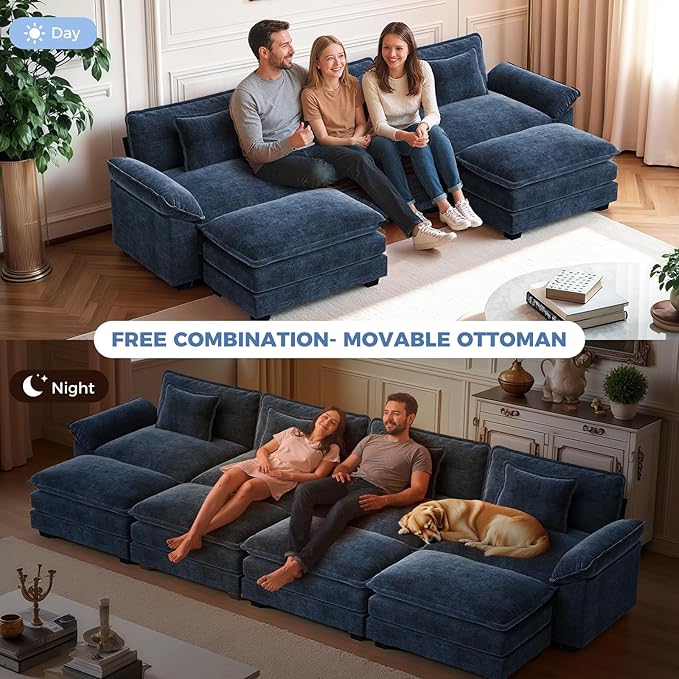 CDCASA 86" Modular Sectional Sofa, Comfy L-Shaped Cloud Couch with Movable Ottoman, 3-Seater Chenille Deep Seat Modern Sofa Couch for Living Room, DIY Combination, Blue