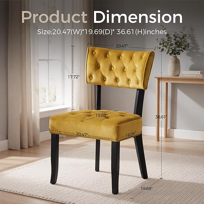 UVV Upholstered Dining Chairs Set of 6, Mid Century Modern Tufted Kitchen Chairs Dining Room Chairs, Velvet Dinner Chair with Wood Legs for Dining Room Kitchen, Turmeric-Black Legs