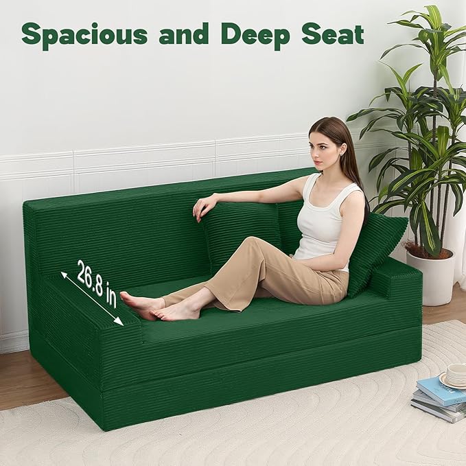 MeMoreCool Boneless Folding Sofa Bed, Corduroy Convertible Sleeper Chair, Foldable Foam Mattress Chair, Comfy Fold‑Out Futon Couch Bed, Large Floor Sofa Couch for Living‑Room Guest