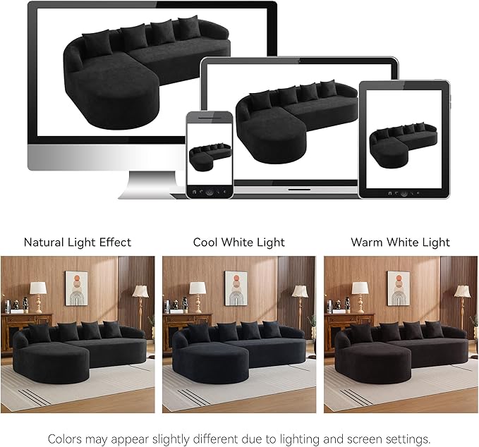 105.5" Boneless Curved Couch, L Shaped 4-Seater Cloud Couch with Deep Seat Chaise, Oversized Curved Sofa, Modular Sectional Couches for Living Room, No Assembly Needed, Black
