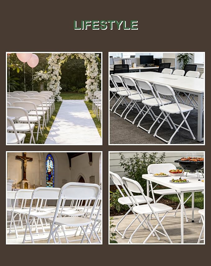 2 Pack Folding Chairs, White Folding Chairs Outdoor Indoor, 350lb Capacity, Plastic Event Chair, Lightweight Fold Chair, for Events Office Wedding Party Rental Picnic Patio, School