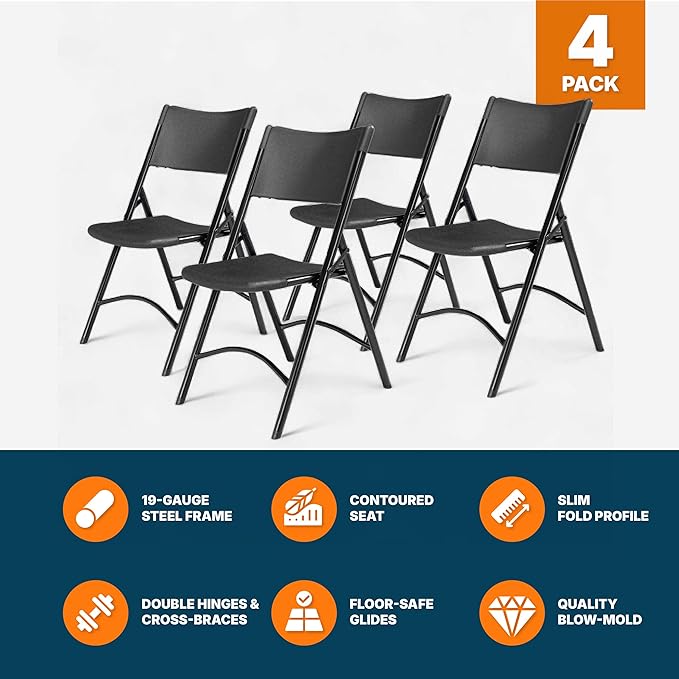 OEF Furnishings OEF600 Series High Back Folding Chairs, Blow-Molded Polyethylene Commercial-Grade Seating for Indoor and Outdoor Use, 500 lb Weight Capacity, 4-Pack (Black)