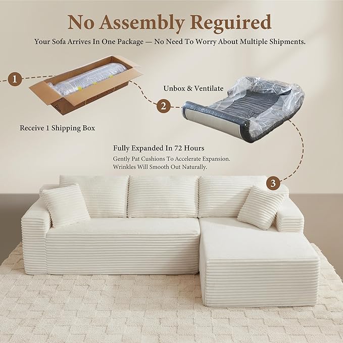 105" Sectional Couches for Living Room Cloud Couch Sofa with L-Shape Upholstered Boneless Couchs Modern Modular Sectional Couch with Chaise (White, 105" W+Right Facing Chaise+2Seaters)