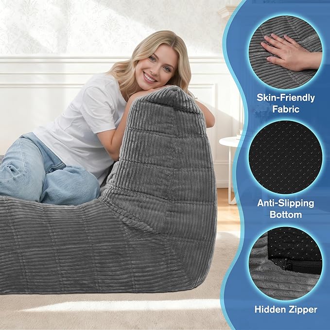 Bean Bag Chair,Giant Beanbag Chairs for Adults,Comfy Large Fireside Chair Lazy Sofa,Corduroy Bean Bag Lounger with Memory Foam Filled,Floor Sofa Couch for Home,Dorm,Living Room (Light Gray)