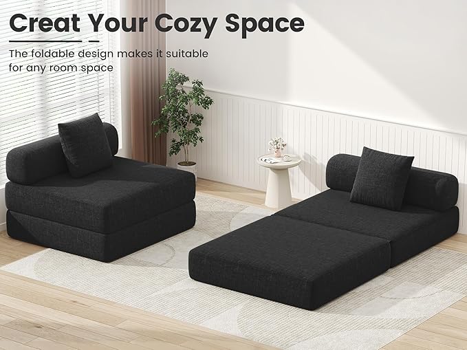 DURASPACE Folding Sofa Bed Convertible Foam Floor Sleeper Mattress Couch with Frame, Single Boneless Fold Out Lounger Chair Bed for Living Room Bedroom (Chenille Black)