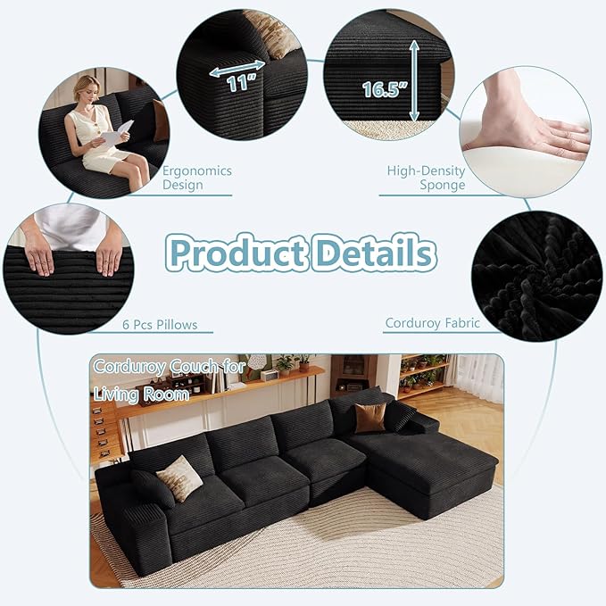 136" Cloud Sectional Couch with L-Shape Chaise, Modern Corduroy Viral Boneless Sofa for Living Room,Memory Foam Couches in a Box with Deep Seat,No Assembly Required (Black,Right-Facing Chaise)