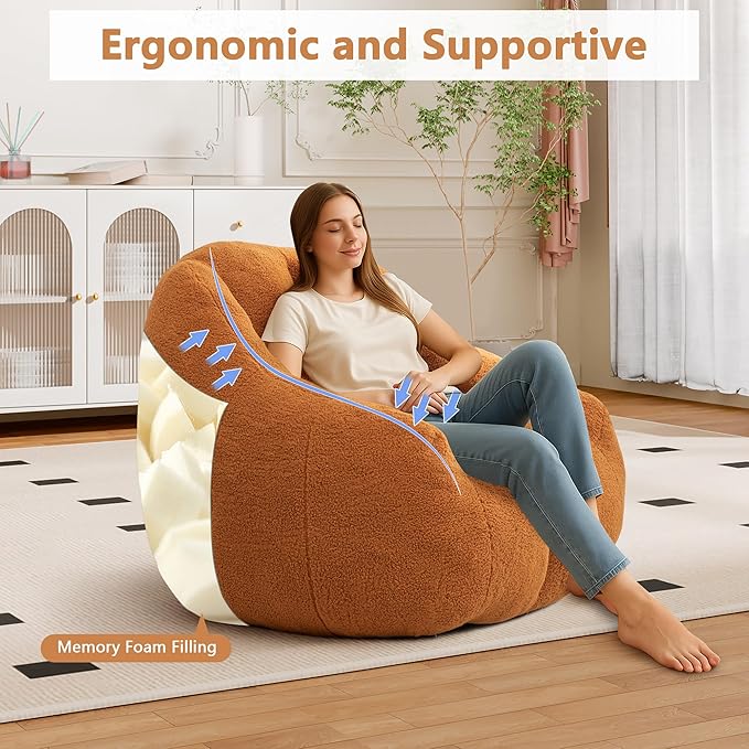 Setawix Bean Bag Chair with Filler, Comfy Teddy Bean Bag Chairs for Adults and Kids, Cozy BeanBag Sofa Fully Floor Couch with Memory Foam for Living Room Bedroom,Yellow