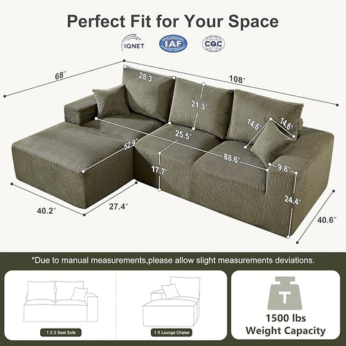 108" Modular Sectional Sofa, Compression Sofa with Deep Seat, Modular L-Shape Couch with Chaise, Upholstered Couches for Living Room Bedroom, No Assembly Required (Green Corduroy, 108" L Shape)