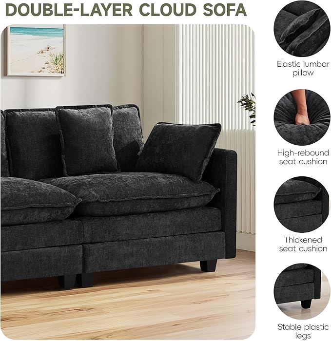UMBFUN 3-Seater Cloud Couch, Oversized Modular Sectional Sofa with Deep Seat Soft Cushions, Comfy Chenille Couch for Living Room, Apartment & Family Space, Dark Grey