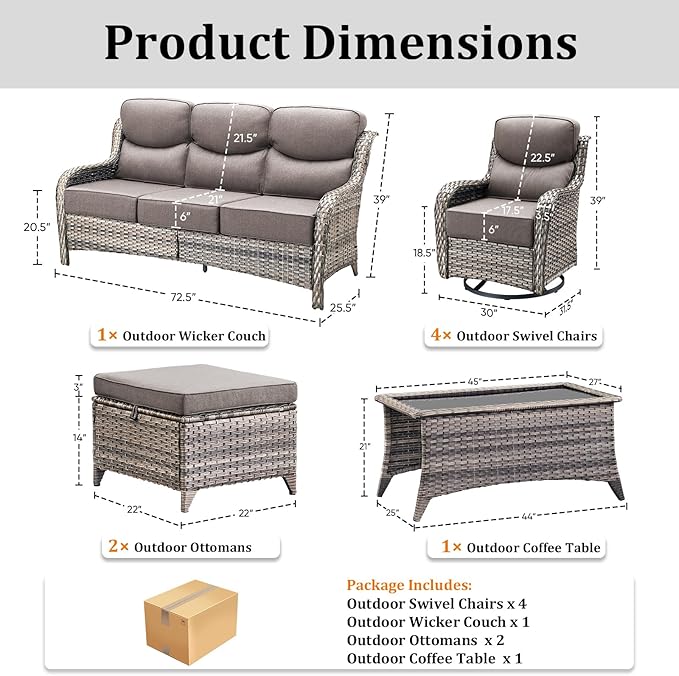 Pugire Luxury High Back Patio Furniture Set with 6-Inch Thick Cushions, 8-Pieces Outdoor Furniture with Swivel Chairs, Wicker Conversation Set for Porch, Balcony, Deck and Yard, Grey