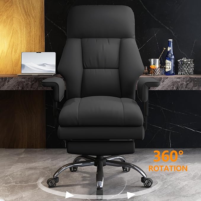 WXJHL Office Chair with Leg Rest, Leather High Back Executive Office Chair with Wheels, Ergonomic Desk Chairs with Lumbar Support for Home Office, Black