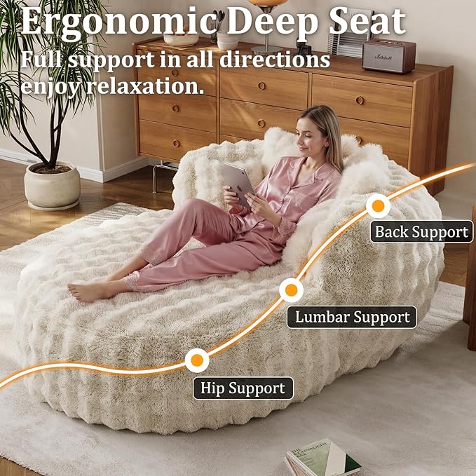 55" W Oversized Round Chaise Lounge Chair with Ottoman Indoor Boneless Faux Fur Plush Fluffy Circle Couch Soft Comfy Cozy Cloud Reading Chair for Living Room, Playroom, Bedroom - Beige White
