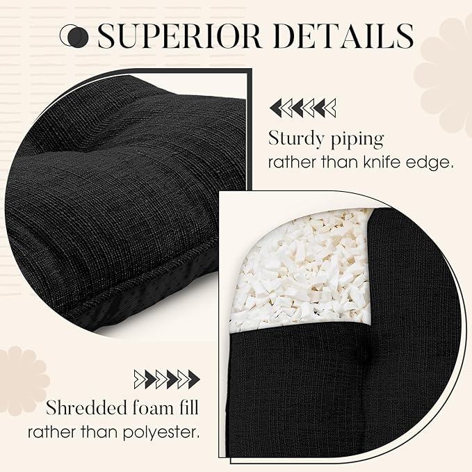 Basic Beyond Chair Cushions for Dining Chairs 4 Pack, Chair Cushion with Ties and Non Slip Backing, 15.5 x 15.5 inches Tufted Chair Pads for Dining Chairs(Black)
