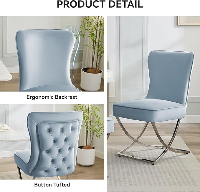 WUTUTUEE Luxury Velvet Dining Chairs, Tufted Upholstered Armless Accent Chairs with Silver Metal X-Legs, Modern Glam Dining Room Chair Set of 6, Light Blue