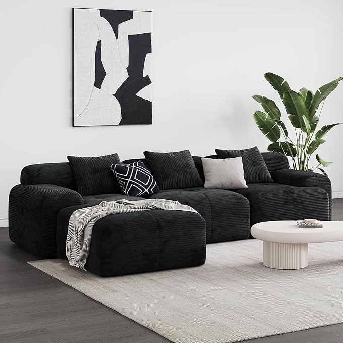 Aosaifen Modern L-Shaped Modular Sectional Sofa for Living Room，Oversized 3-Seater Couch with Deep Seat and Movable Ottoman – No Assembly,Comfortable Corduroy Fabric Boneless Sofa(Dark Gray) (Black)