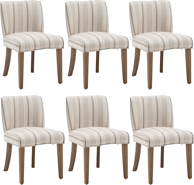 chairus Farmhouse Dining Chairs Set of 6, Upholstered Comfy Dining Room Chairs Linen Fabric Walnut Brown Wood Kitchen Chairs for Dining Table, Living Room, Kitchen, Khaki Stripe
