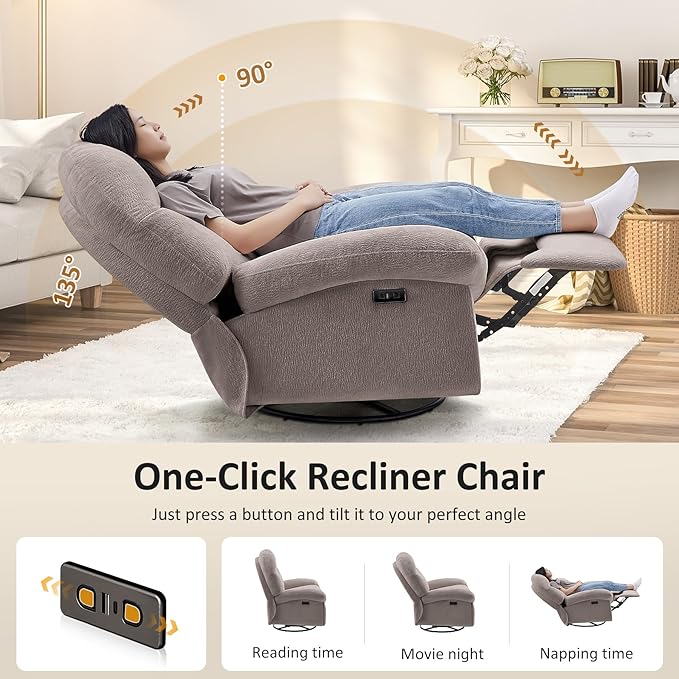 VANOMi Power Recliner Chair with Charging, 270° Swivel Glider Rocker Nursery Chair for Living Room, Bedroom, Nursing Room Office, Adjustable Comfort Rocking Chair, Taupe, Sets of 2