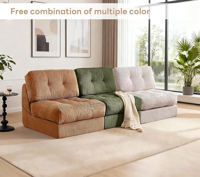 Tbfit 35.8'' Folding Sofa Bed, Convertible Sleeper Chair with Large Pillow, Corduroy Folding Couch Bed, Portable & Foldable Mattress Boneless Floor Sofa Set of 2, Brown