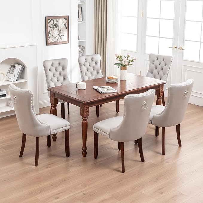 Kiztir Velvet Dining Chairs Set of 6, Upholstered Dining Room Chairs with Ring Pull Trim and Button Back, Luxury Tufted Dining Chairs for Living Room, Bedroom, Kitchen (Light Grey)