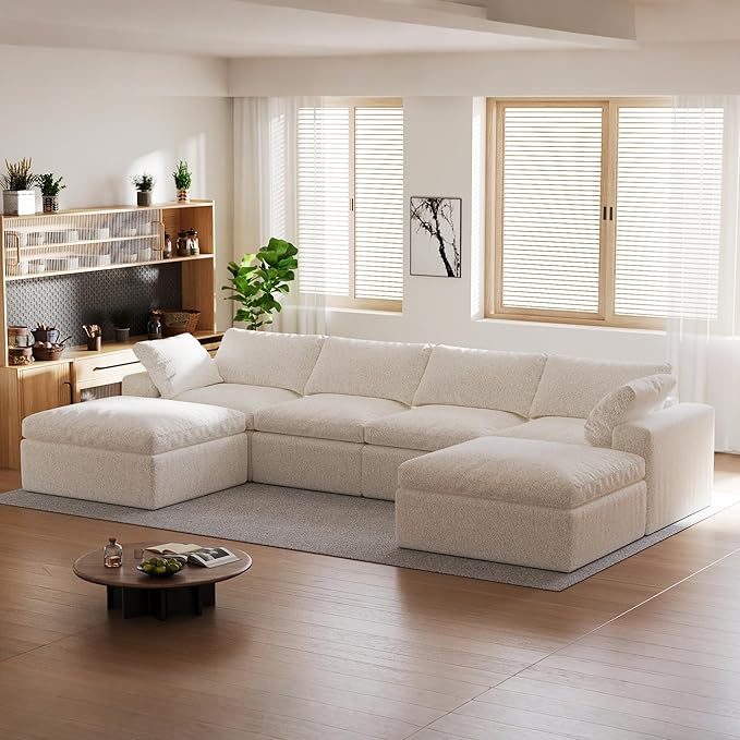 140’’ Oversized Boneless Couch for Living Room, Cloud Couch Modular Sectional Free Combination with Ottoman Washable Cushion Cover, No Assembly Required, White (4-Seat + 2 Ottoman)