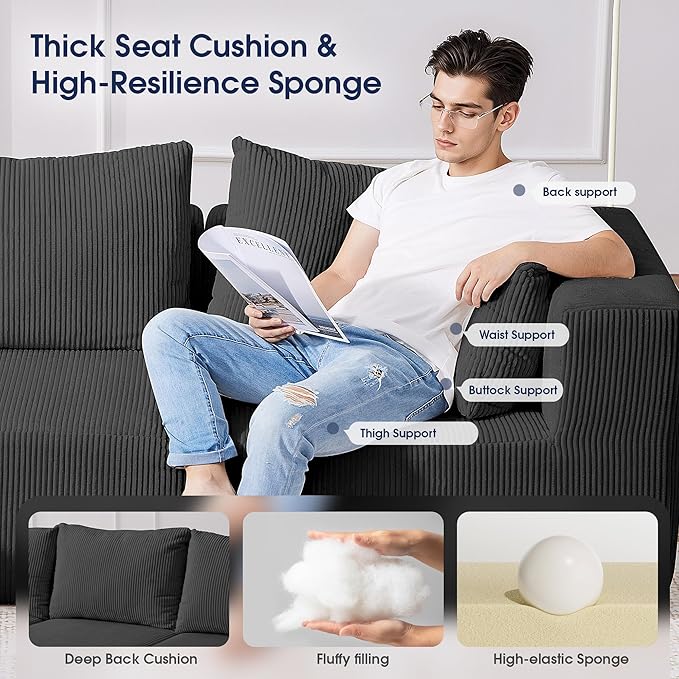KINGYES 107'' Modular Sectional Sofa, L Shaped Cloud Couch for Living Room, Modern Boneless Sofa with Chaise for Bedroom, Soft Black