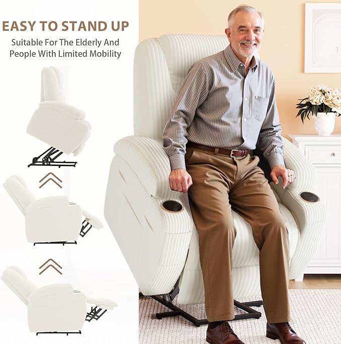 Flamaker Power Lift Chair Massage Recliner Chairs for Elderly, Corduroy Ergonomic Design with Cup Holders & Side Pockets, Remote Control (White)