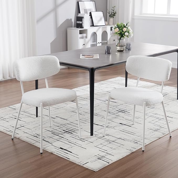 KCC Boucle Dining Chairs Set of 4, Modern Mid-Century Upholstered Stylish Kitchen Chairs Sherpa Accent Diner Chairs with Metal Legs and Curved Back for Kitchen, Dining Room(White)