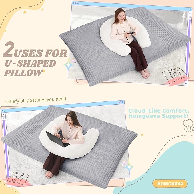 Homguava Giant Bean Bag Chair for Adults with Pillow, 4 in 1 Convertible Floor Cushion for Adluts, Memory Foamed Bean Bag Lounger with Washable Cover for Living Room, Bedroom