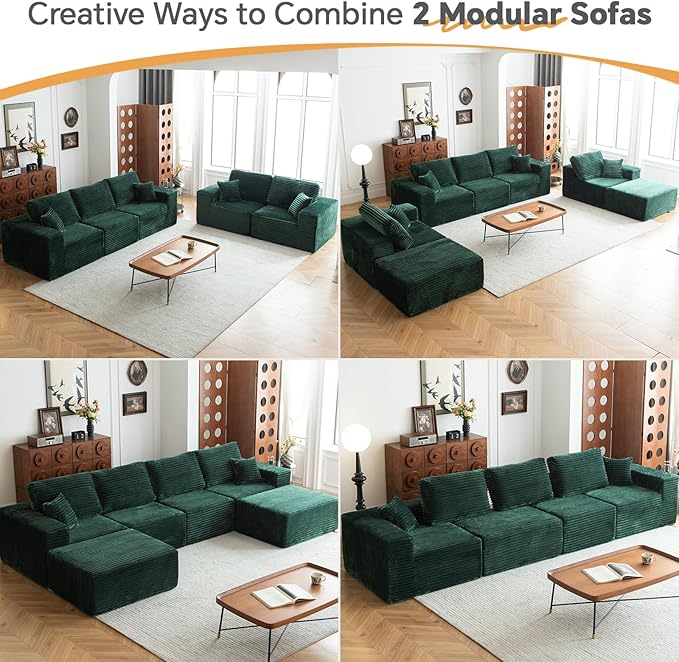 MODNEST 108" Modular Sectional Sofa Cloud Couch with Deep Seats, L Shape Couch with Chaise and Movable Ottoman, Sectional Couches for Living Room, Comfy Boneless Couches No Assembly Required, Green