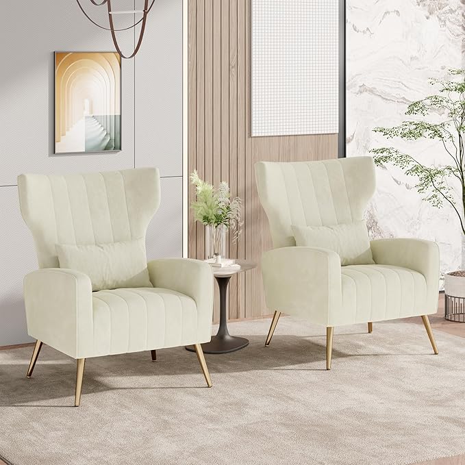 Nalupatio Modern Accent Chairs for Set of 2 Upholstered Velvet Fabric Reading Chair Mid Century Arm Chair Comfy Armchair for Living Room,Beige