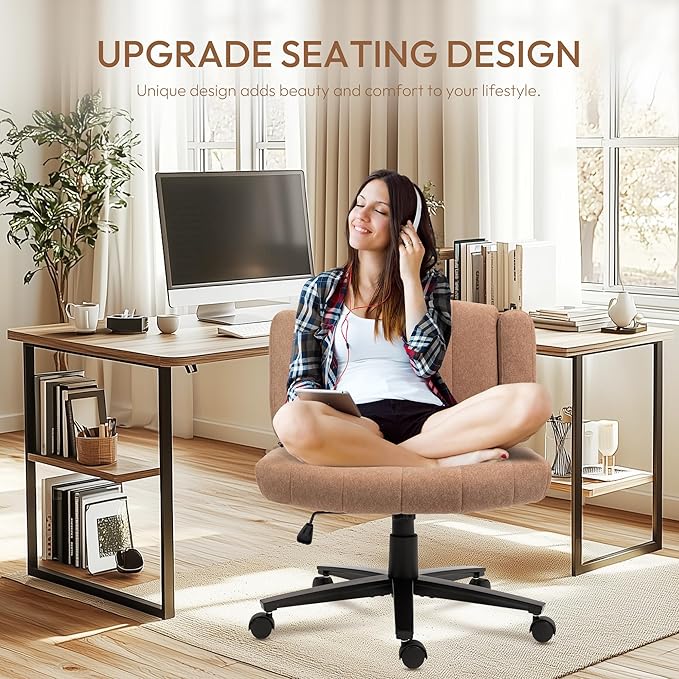 Vigosit Criss Cross Chair with Wheels – Comfortable Vanity Chair, Wide Rolling Cross Legged Office Chairs with Arms, Adjustable Desk Chairs Comfy for Home Office, Swivel Task (Brown)