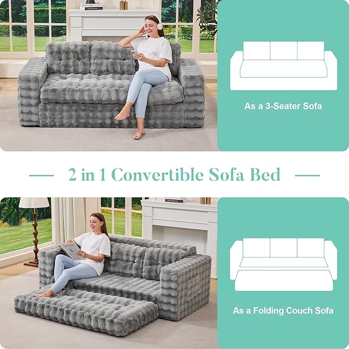 Hobestluk 3-Seater Sofa Boneless Couch with Tufted Button Design 2 in 1 Comfy Cloud Couch Oversized Sofa for Living Room Bedroom Apartment or Office (Grey, 3 Seater)