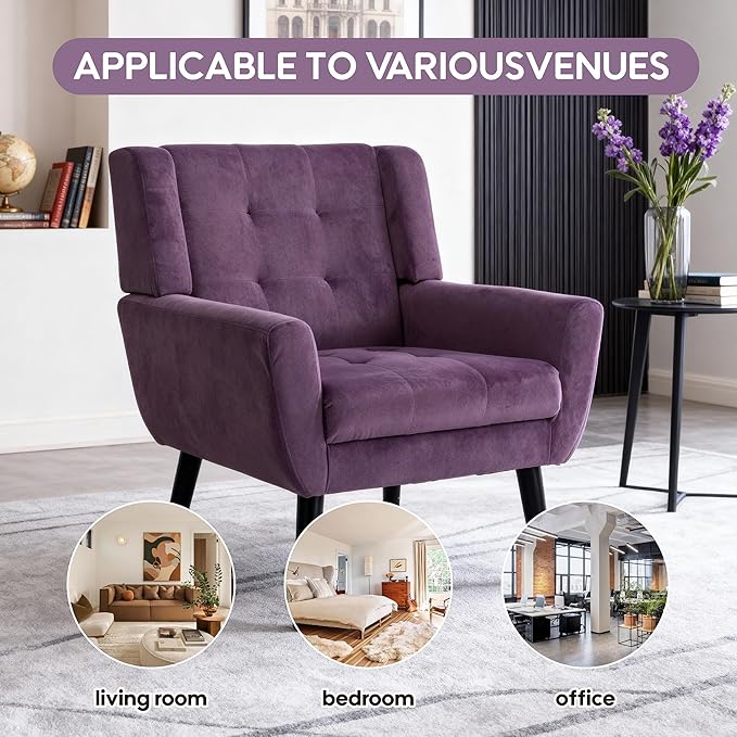 OO BY ORANGE ONLINE Set of 2 Velvet Accent Chair, Mid-Century Modern Tufted Armchair for Living Room, Bedroom & Office (Purple)
