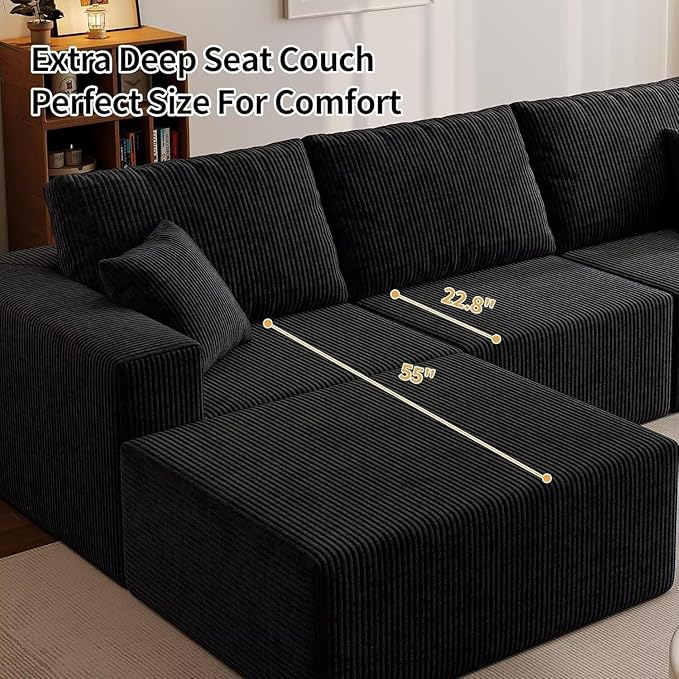 110" Boneless Cloud Sectional Sofa, Modular L-Shaped Couch with Deep Seats, Compressed Frameless Corduroy Sofa in Boxes, No Assembly Required, 3-Seater Left-Facing Chaise, Black