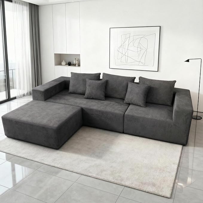 Sytopia 109" L-Shaped Cloud Couch, Boneless Modular Sectional Sofa with Deep Seat for Living Room Bedroom, Modern Floor Couch Chenille, Comfy Sleeper Futon Sofa Bed 40D Foam Furniture, Left Facing