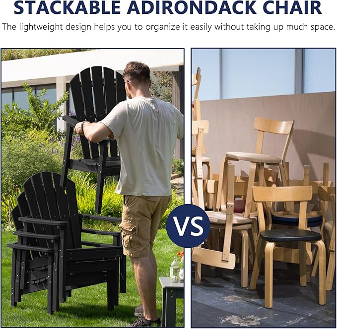 nevilywood Compact Stackable Adirondack Chairs, 26.3" Wide HDPE Outdoor Patio Chairs - Durable, Space-Saving Design for Porch, Lawn or Garden, Black