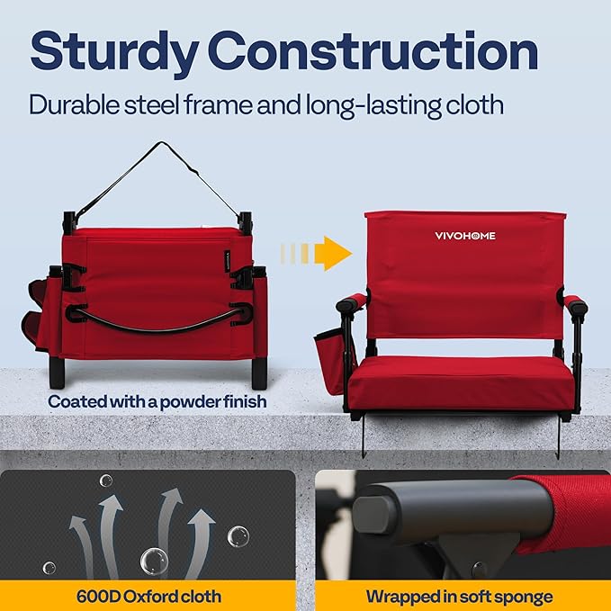 VIVOHOME Stadium Seats with Back Support and Cushion, 2 Pack Portable Bleacher Chairs with Cup Holder and Shoulder Strap