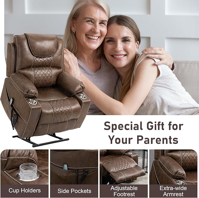 Oversized Power Lift Recliner Chair for Big and Tall 400 LBS, 25" Large Electirc Recliner Chair with Massage and Heating, 180° Lay Flat Zero Gravity Recliner Sofa, Leather, Coffee Brown