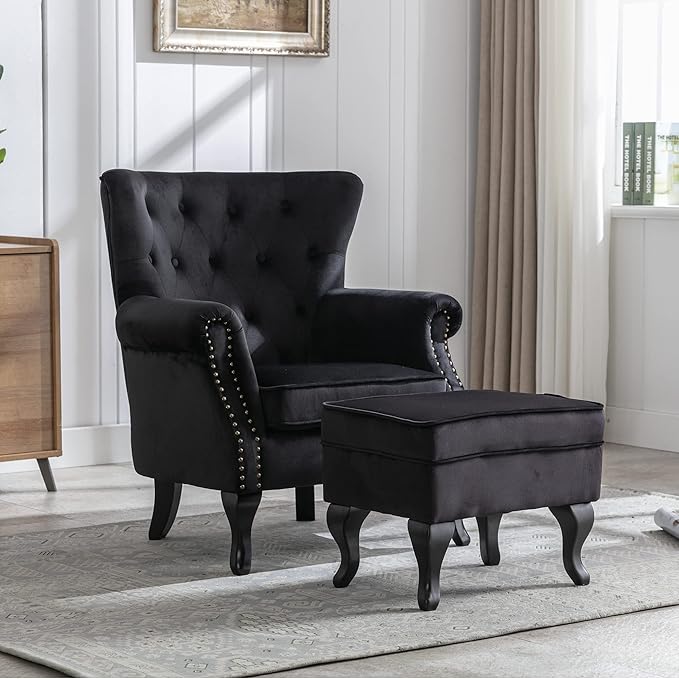 chairus Mid-Century Modern Accent Chairs with Ottoman Set of 2, Comfy Velvet Single Sofa Chair Button Tufted Wingback Armchairs with Pillow for Living Room/Bedroom/Club - Black