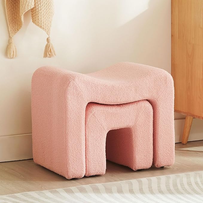 Ottoman Set of 2 Vanity Stool Chair Seating Backless Modern Foot Rest Teddy Velvet Small Footstool Ottoman for Makeup Room Living Room Bedroom Entryway,(2-in-1) Pink