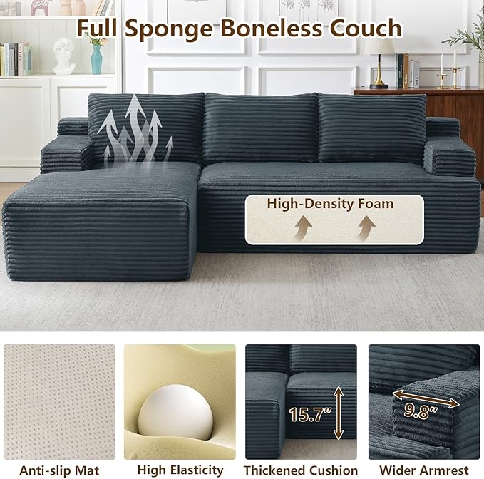 96.1" Modular Sectional Sofa Couches L-Shape Couch 3 Seat Modular Sofa Corduroy Memory Foam Sectional Boneless Couches for Living Room, Cloud Couch with Oversized Chaise(Dark Gray, Left Facing)