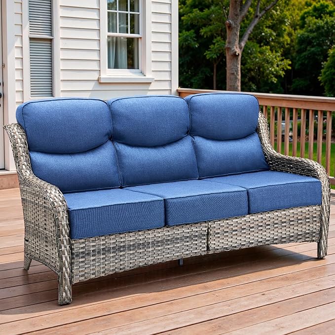 Pugire 71'' Patio Couch Outdoor Wicker Sofa, Heavy Duty All-Weather Rattan 3-Seater Sofa with Deep Seating and Removable Cover, Outdoor Patio Furniture for Deck Porch Sunroom Backyard Grey/Blue