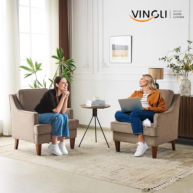 VINGLI Mid-Century Modern Accent Chairs Set of 2, Light Brown Upholstered Armchair Comfy Sofa Chairs Reading Chair High Back for Living Room Bedroom Furniture Apartment