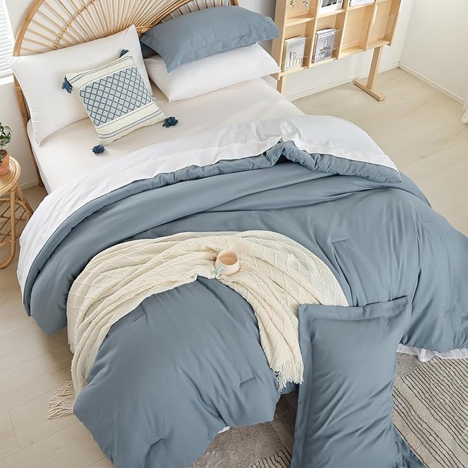 weigelia Dusty Blue Comforter Set 7 Pieces Queen Comforter Set Soft Lightweight Comforters Queen Size Bedding Set with Sheets for All Season