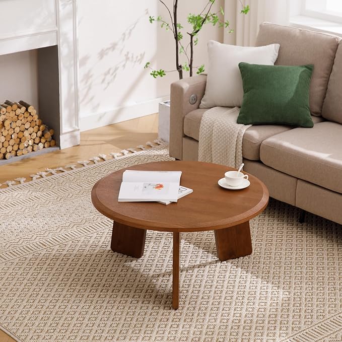 Janoray Modern Wood Coffee Table Small Desk Farmhouse Round Coffee Table Floor Table Couch Table Easy Assembly for Living Room/Office/Reception/Sofa Couch End, Walnut