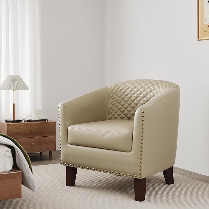 DREAMSIDEA Accent Barrel Chair, Upholstered Faux Leather Club Chair with Nailed Trim, Comfy Reading Armchair for Living Room Bedroom Reception Room Office (Beige, Set of 1)
